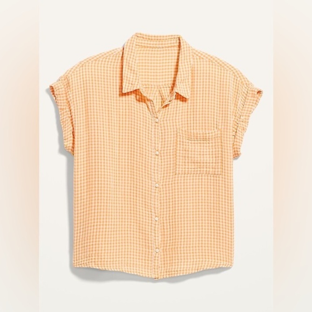 Old Navy Short-Sleeve Oversized Cropped Crinkled Gingham Shirt